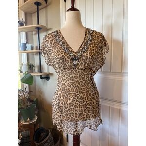 WD NY Leopard Print Embellished V Neck Sheer Blouse Women's Size 4